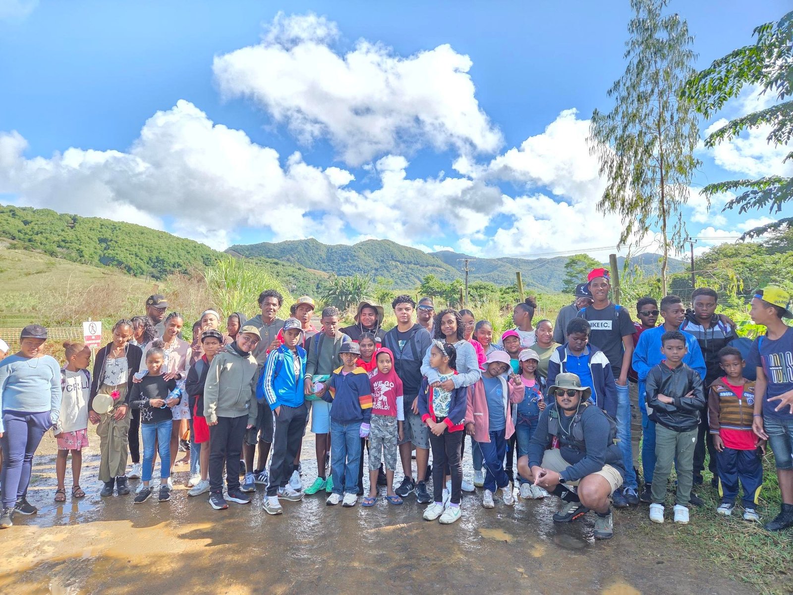 Children and youth workers of Atelier Sa Nou Vize on an outing in the hills of the south of Mauritius